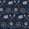 Vintage navy treasure hunt pattern with chest, compass, shipwheel Royalty Free Stock Photo