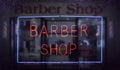 Vintage Neon Barber Shop Sign in Rainy Shop Window