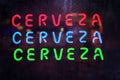 Vintage Neon Cerveza Sign in Rainy Window - Cerveza is Spanish for Beer