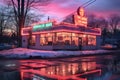 vintage neon diner sign glowing at twilight Royalty Free Stock Photo