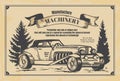 Vintage newspaper banner. Machinery manufacture poster on yellow newsprint. Hand drawn retro automobile and advertising Royalty Free Stock Photo