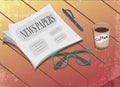 Vintage newspaper on the table, glasses, pen and coffee cup Royalty Free Stock Photo