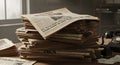 Vintage newspapers stack beside a rotary telephone Royalty Free Stock Photo