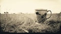 Vintage Noir: A Distorted Blurry Grainy Coffee Cup In A Grassy Field