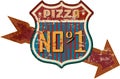 Vintage nostalgic pizza and fast food road sign, vector illustration, fictional artwork