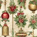 Vintage nostalgic seamless Christmas pattern. Ilex leaves with red flowers and golden ornaments