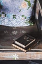 Vintage notebook with leather cover on the wooden table Royalty Free Stock Photo