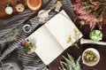 Vintage notebook surrounded by herbs, alchemy appliances, potions and ingredients lies on a dark wooden table. Halloween