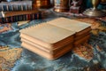 Vintage Notebooks Stacked on an Antique World Map with Classic Books and Brass Candlestick Background Royalty Free Stock Photo
