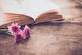 Vintage novel books with bouquet of flowers on old wood background