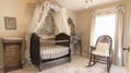 Vintage Nursery Bliss: Antique Crib, Classic Rocking Chair, and Whimsical Lace Canopy