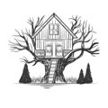 Vintage Oak Tree Cabin Cottage Chalet Lodge House Illustration