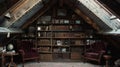 Vintage Oasis: Cozy Attic Room Transformed into a Reading Nook with Plush Velvet Armchairs and Exposed Wooden Beams