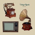 Vintage object set, hand draw sketch vector Royalty Free Stock Photo