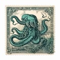 Vintage Stamp: Octopus In Blue - Aaron Horkey Style