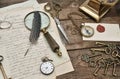 Vintage office supplies writing accessories keys still life Royalty Free Stock Photo