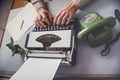 Vintage office with typewriter and green telephone Royalty Free Stock Photo