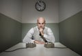 Vintage office worker using intercoms