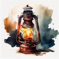 Vintage oil lamp with burning warm watercolor set. Retro antique kerosene lamp in a metal frame standing on a table.