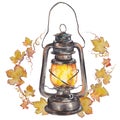 Vintage oil lantern with autumn grape leaf wreath. Royalty Free Stock Photo