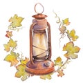 Vintage oil lantern with leaf wreath. Royalty Free Stock Photo