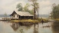 Vintage Oil Painting Of A Boat House In A Mangrove Forest