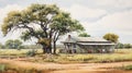 Vintage Oil Painting Of A Country House On A Dirt Road