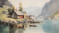 Vintage Oil Painting Of A Fjord Nature Restaurant