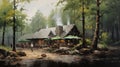 Vintage Oil Painting Of Forest Nature Restaurant In Rustic Americana Style