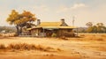 Vintage Oil Painting Of Isolated Ranch House On Savanna Nature Cafe