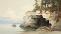 Vintage Oil Painting Of Isolated Rocky Cliff On Shore