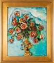 Framed Roses with Putto Vase Vintage Oil Painting Royalty Free Stock Photo