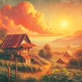 Vintage oil painting of small farm house with beautiful view of a local fruits farm, retro sunset, fluffy clouds, nature scene