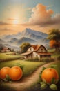 A vintage oil painting of a small farm house with a fruits farm nearby, mountain, grass, tree, soft orange sky, fluffy clouds Royalty Free Stock Photo