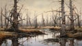 Vintage Oil Painting Of A Swamp In A Dry Forest