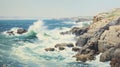 Vintage Oil Painting Of Waves Crashing On Cliffs