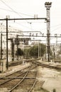 Vintage and old abandonned railway station on an urban backgroun