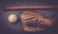Vintage old baseball glove vith ball and bat Royalty Free Stock Photo