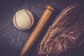 Vintage old baseball glove vith ball and bat Royalty Free Stock Photo