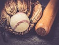 Vintage old baseball glove vith ball and bat Royalty Free Stock Photo