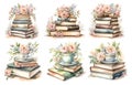 Vintage old book watercolor set isolated on white background. Antique library books with flowers illustration Royalty Free Stock Photo