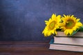 Vintage Old books and bouquet of sunflowers. Two books with bright yellow flowers. Retro nostalgic vintage background. Reading, Royalty Free Stock Photo