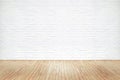 Vintage old brown wooden floor texture and white brick wall Royalty Free Stock Photo