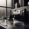 A vintage old camera lying on a shelf, realistic, detailed, monochromatic, cinematic, loneliness, windows, rain