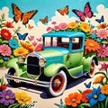 Vintage old car pickup jalopy classic travel natural blossom beauty