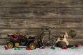 Vintage: Old Children Toys For A Christmas Decoration - Car, Horse, Bicycle.