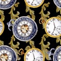 Vintage old clock pocket watch. Watercolor background illustration set. Seamless background pattern. Royalty Free Stock Photo