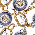 Vintage old clock pocket watch. Watercolor background illustration set. Seamless background pattern. Royalty Free Stock Photo