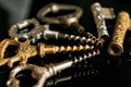 Vintage old corkscrews on a black background