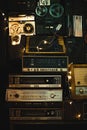 Vintage old design boombox radio cassette tape recorders and audio old music player ussr. Vintage style photo background